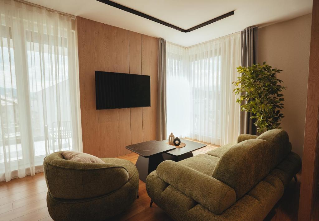 Suite lounge with sofa, armchair and flat-screen TV